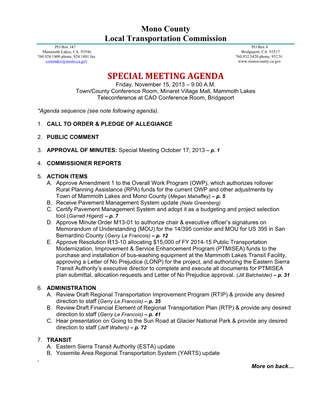 SPECIAL MEETING AGENDA Friday, November 15, 2013 – 9:00 A.M