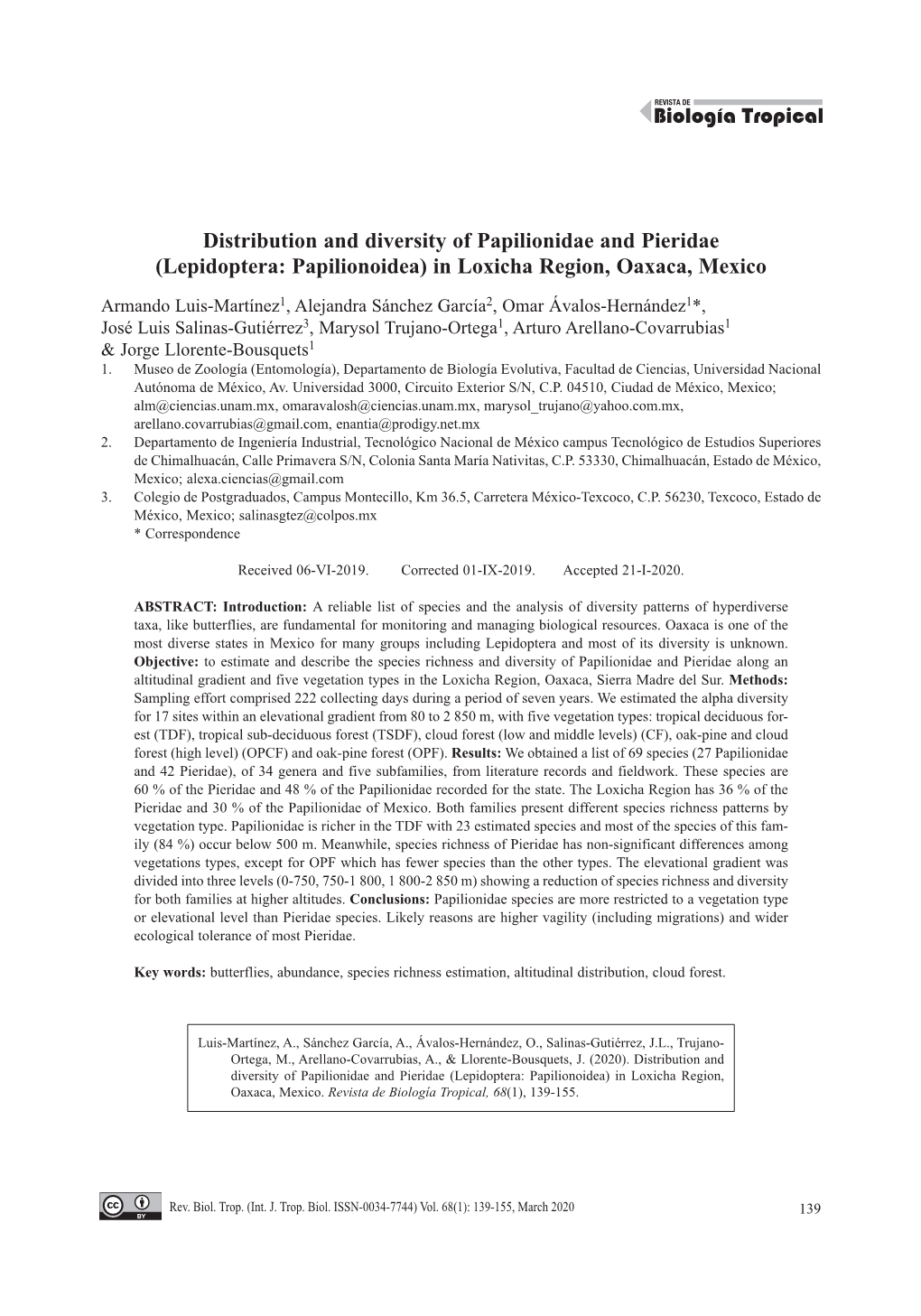 Distribution and Diversity of Papilionidae and Pieridae (Lepidoptera: Papilionoidea) in Loxicha Region, Oaxaca, Mexico