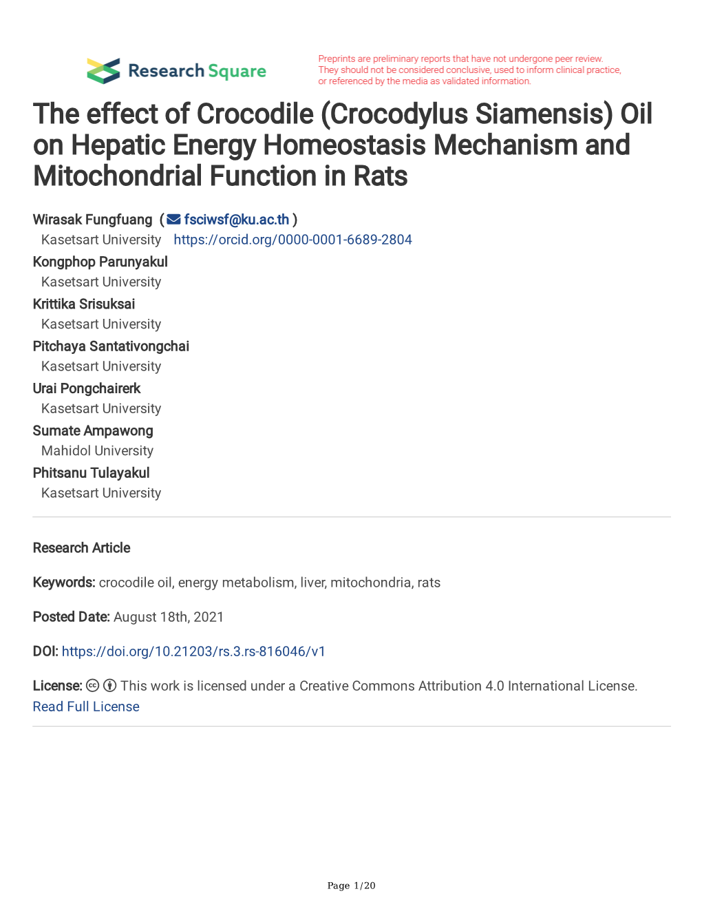 The Effect of Crocodile (Crocodylus Siamensis) Oil on Hepatic Energy Homeostasis Mechanism and Mitochondrial Function in Rats