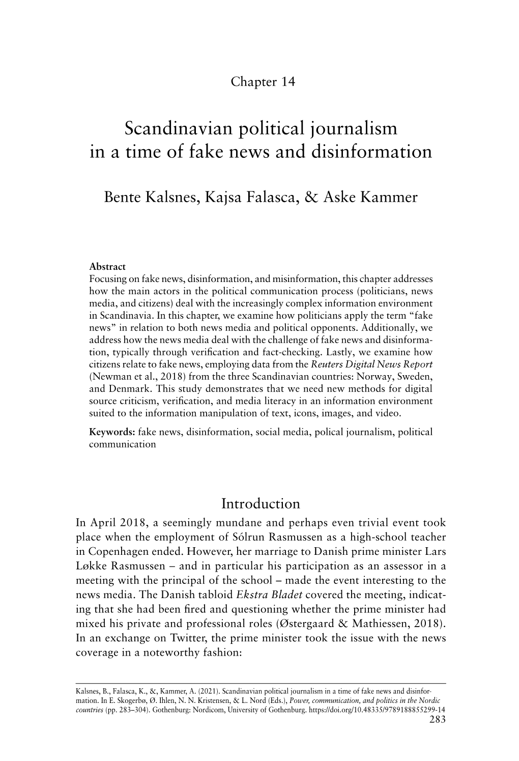 Scandinavian Political Journalism in a Time of Fake News and Disinformation