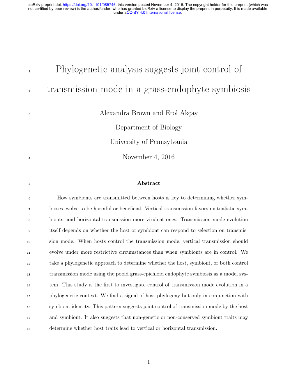 Phylogenetic Analysis Suggests Joint Control of Transmission Mode in A