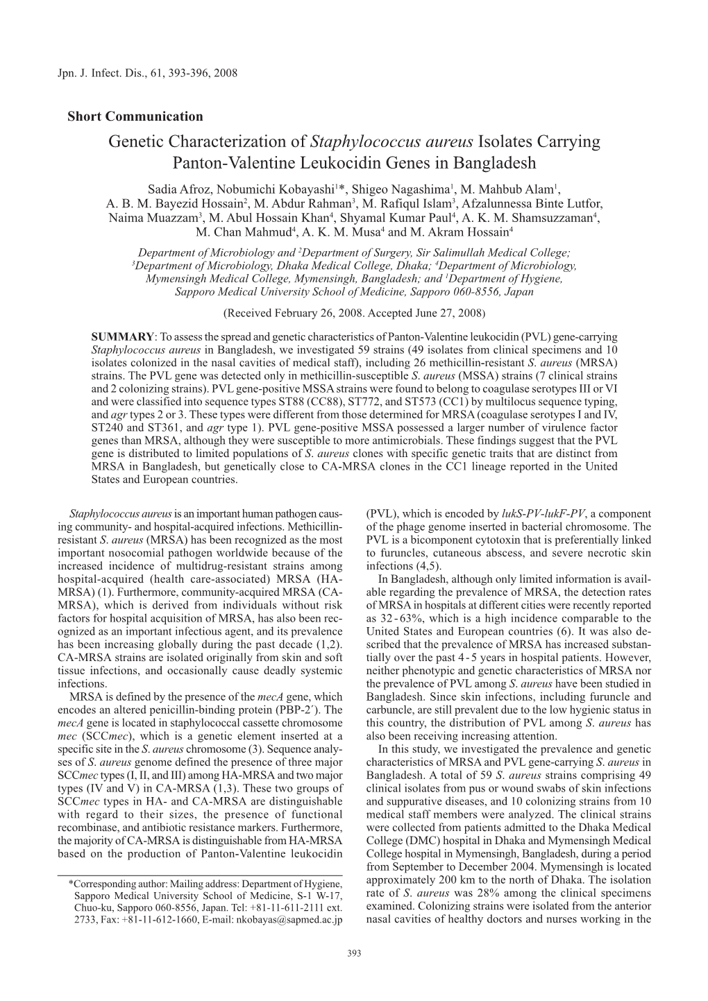 Genetic Characterization of Staphylococcus Aureus Isolates Carrying Panton-Valentine Leukocidin Genes in Bangladesh