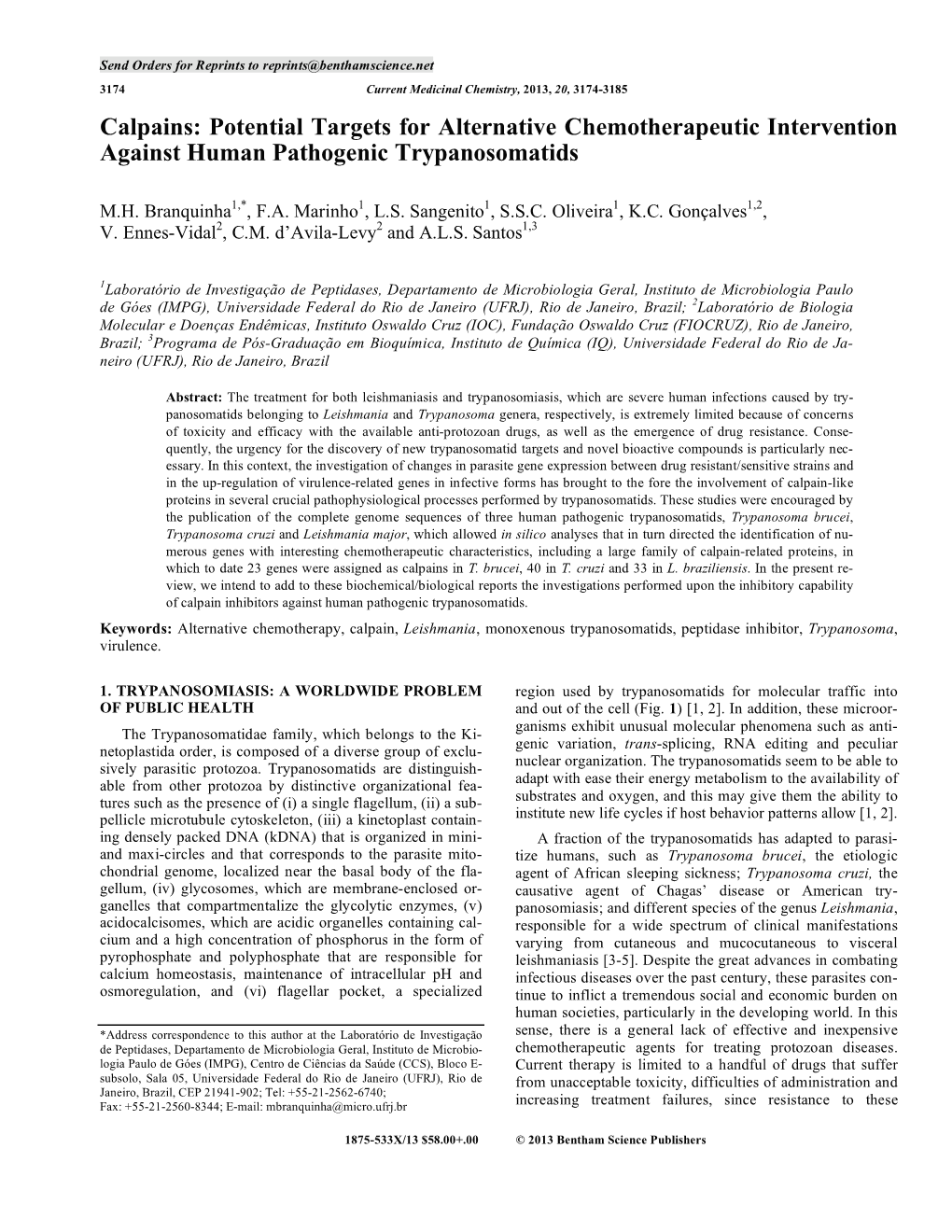 Calpains: Potential Targets for Alternative Chemotherapeutic Intervention Against Human Pathogenic Trypanosomatids