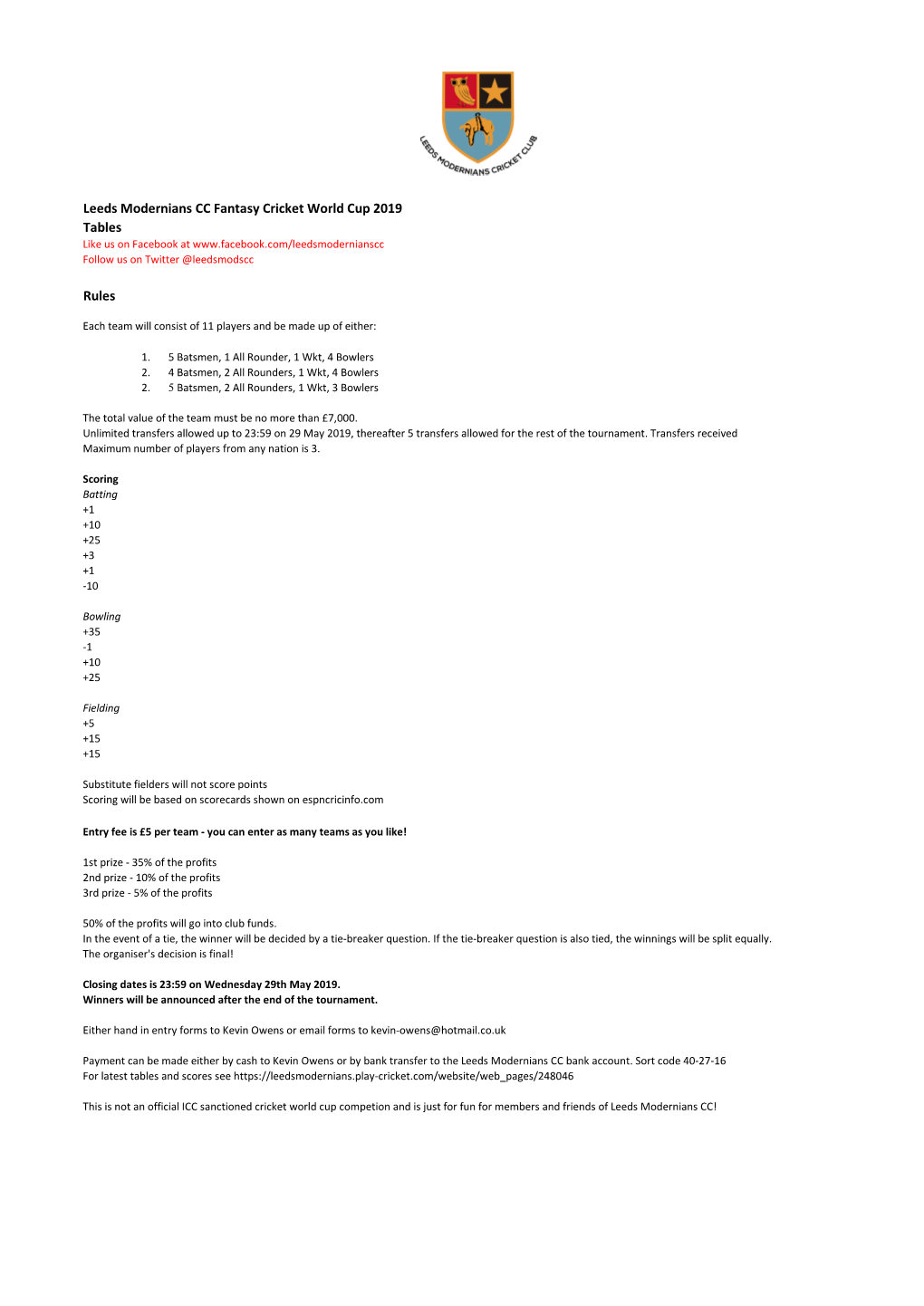 Leeds Mods Cricket Club Fantasy Cricket.Xlsx