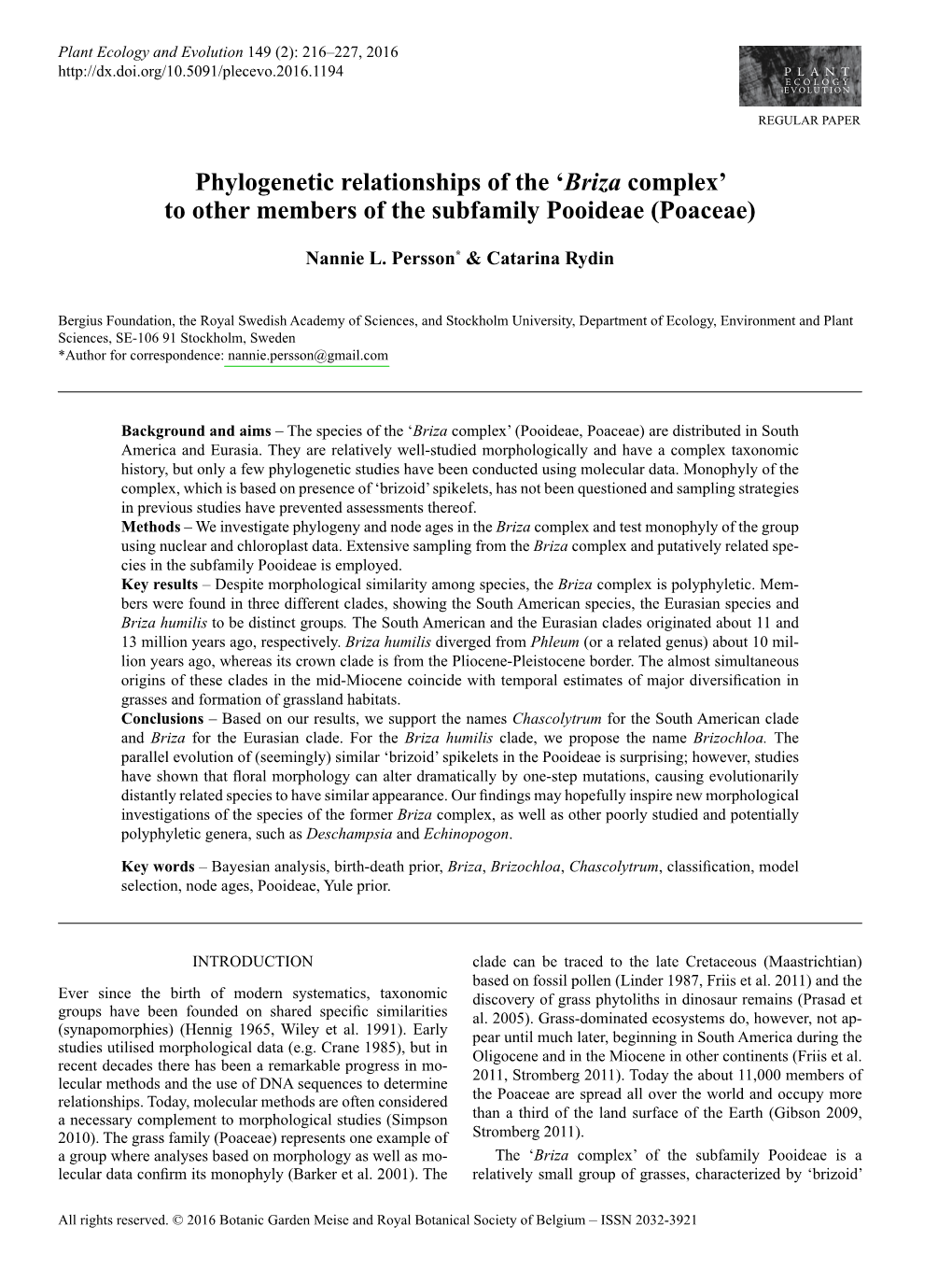 Phylogenetic Relationships of the '<I>Briza</I> Complex' to Other