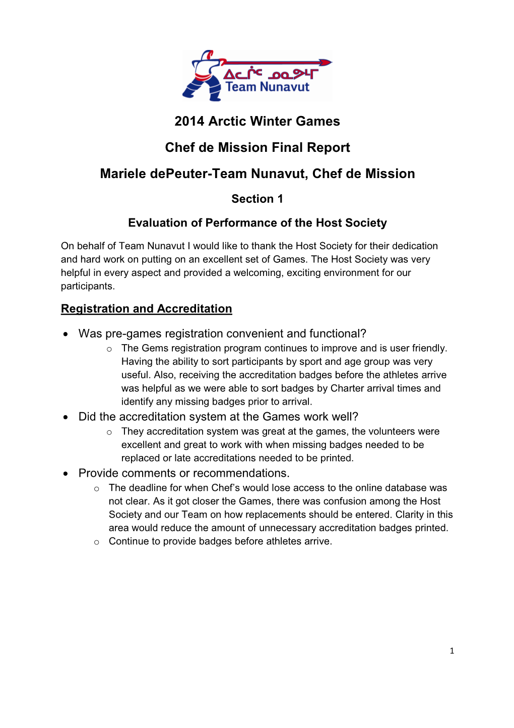 2014 Arctic Winter Games Chef De Mission Final Report Mariele Depeuter-Team Nunavut, Chef De Mission