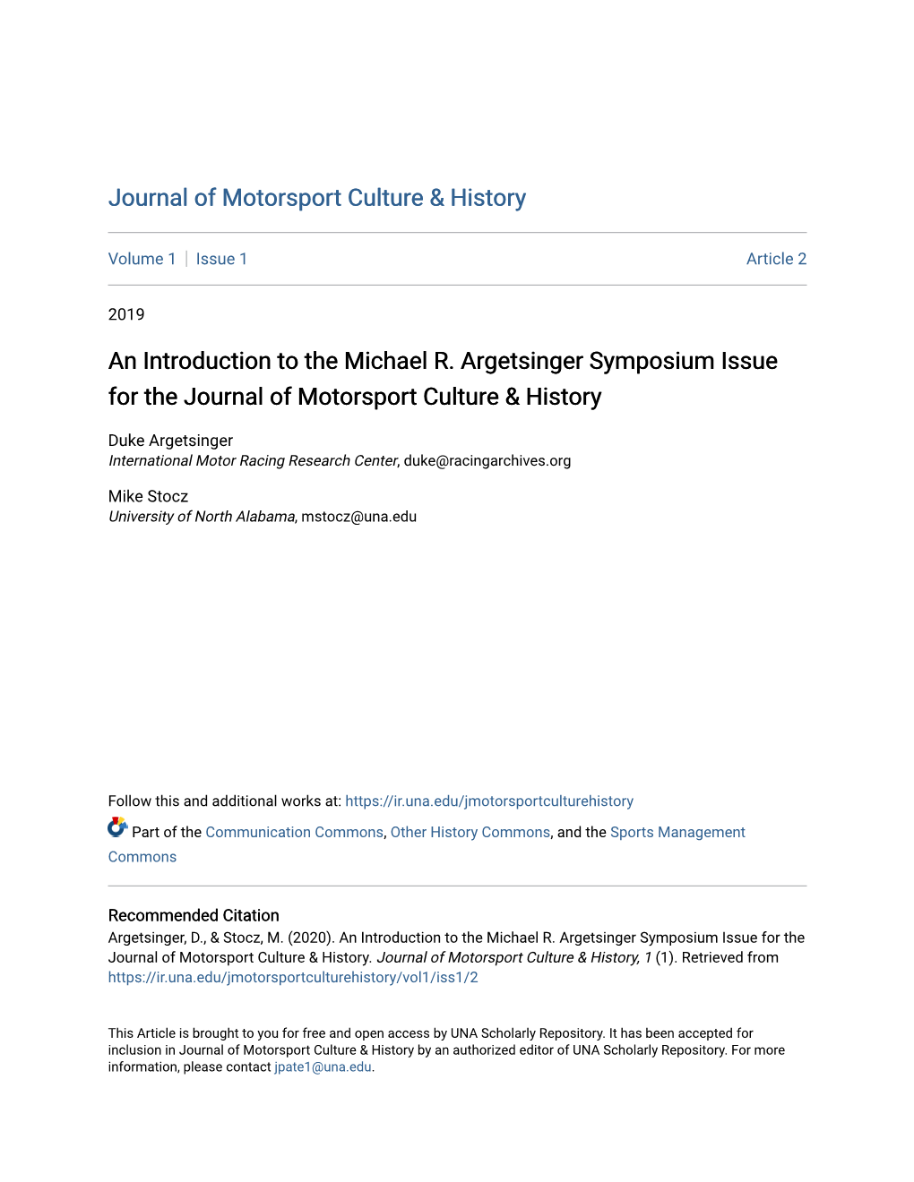 An Introduction to the Michael R. Argetsinger Symposium Issue for the Journal of Motorsport Culture & History