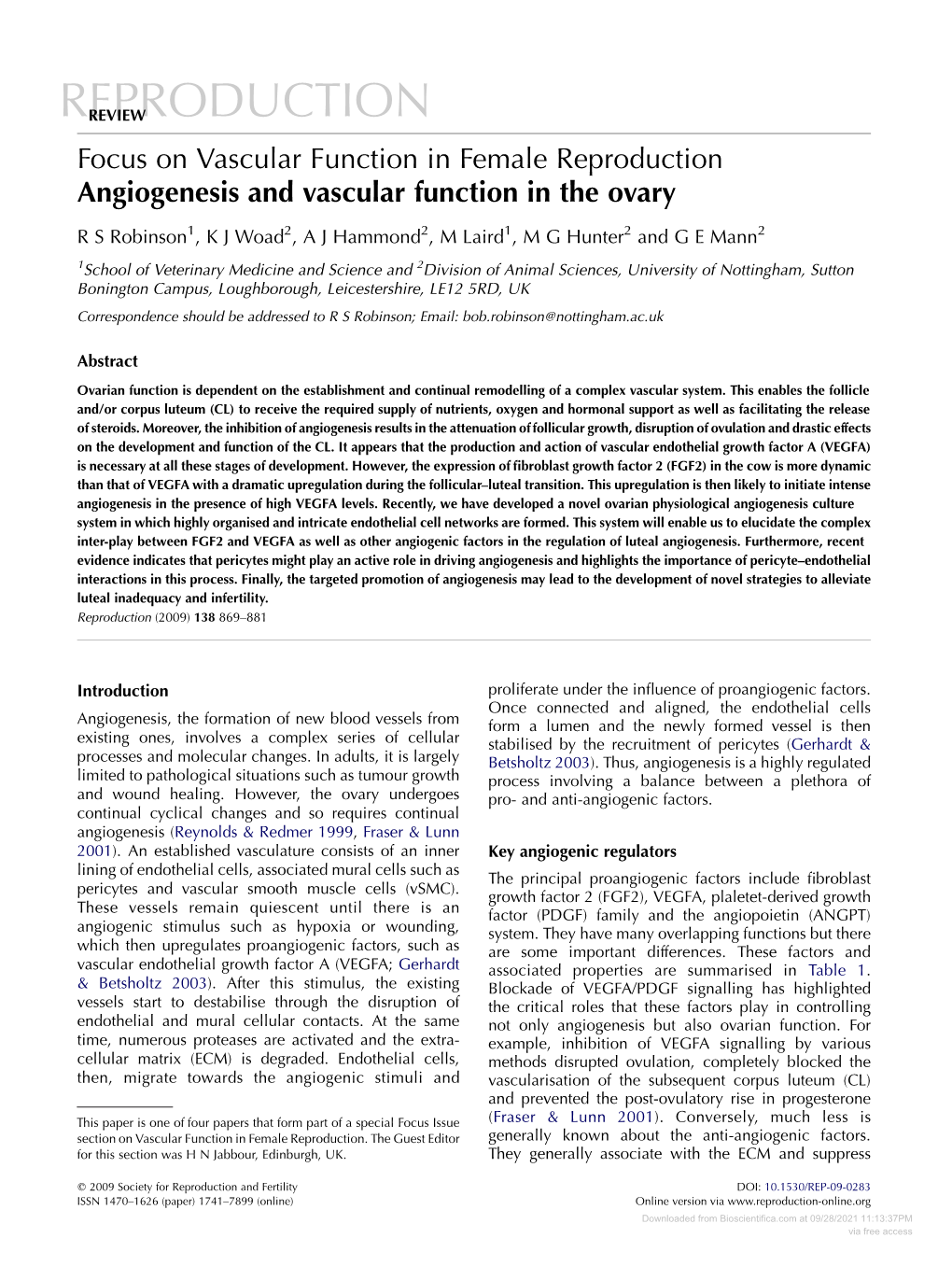 Angiogenesis and Vascular Function in the Ovary