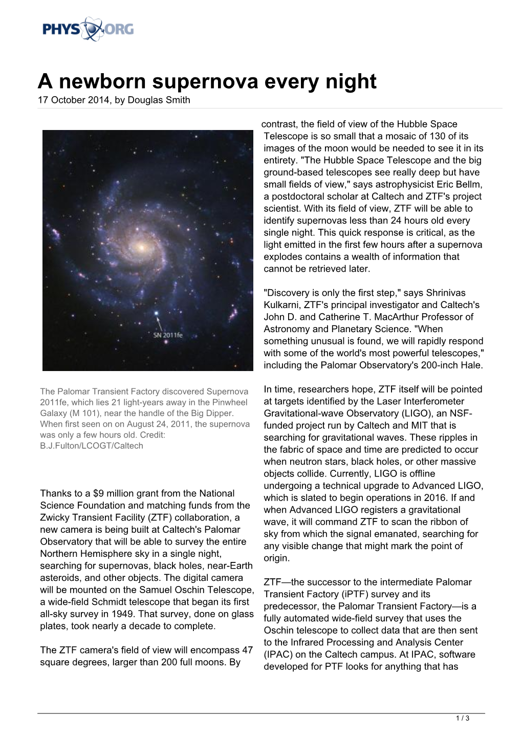 A Newborn Supernova Every Night 17 October 2014, by Douglas Smith