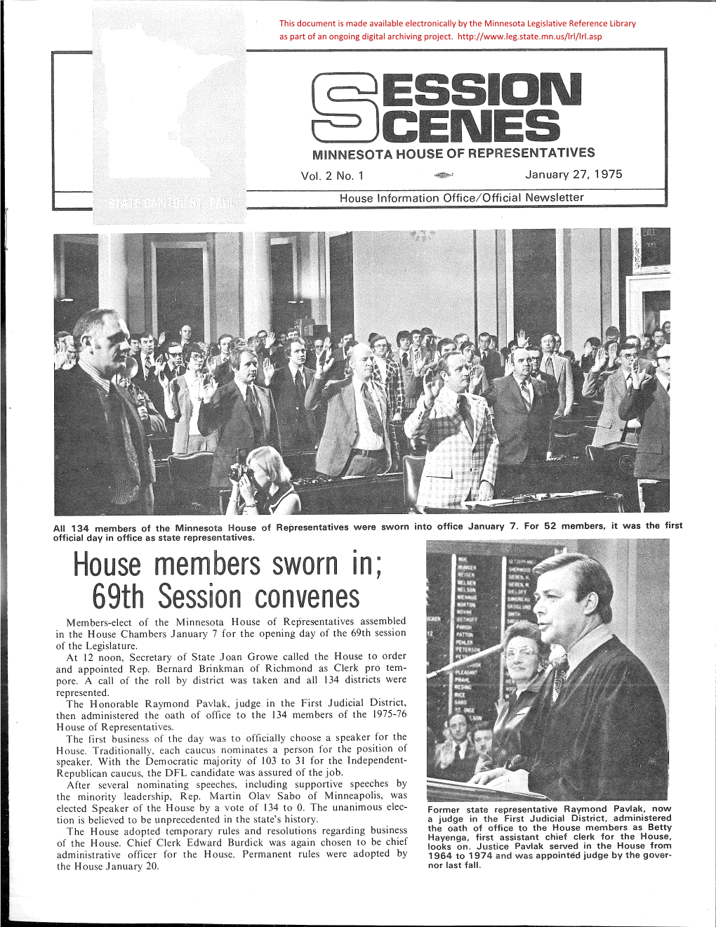 Vol. 2 No. 1 January 27, 1975 House Information Office/Official Newsletter