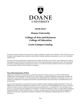 2016-2017 Doane University College of Arts and Sciences College Of