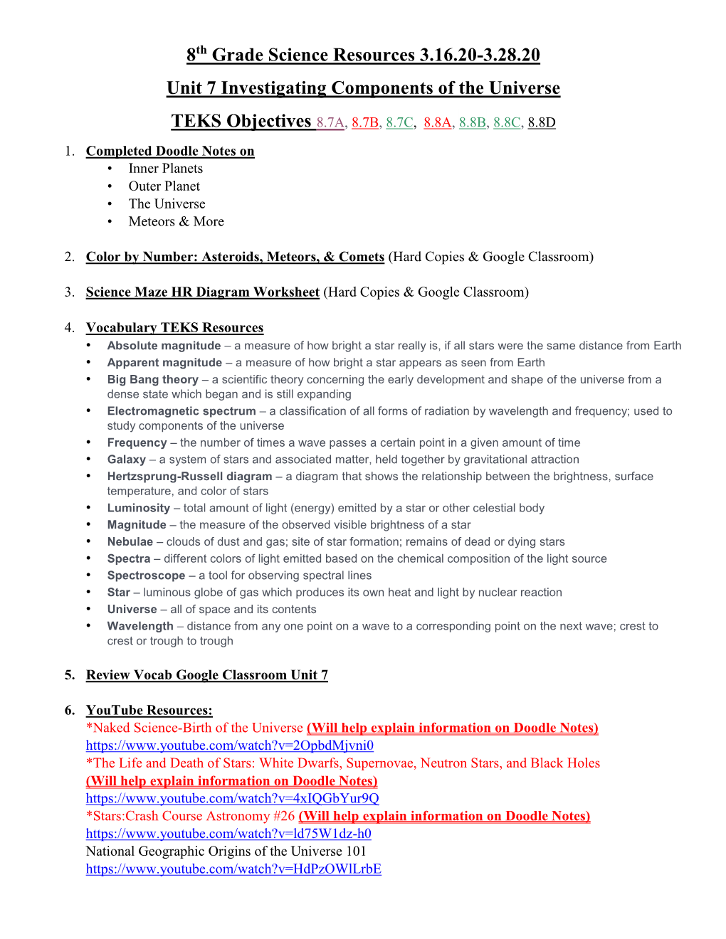 8Th Grade Science Resources 3.16.20-3.28.20 Unit 7 Investigating Components of the Universe