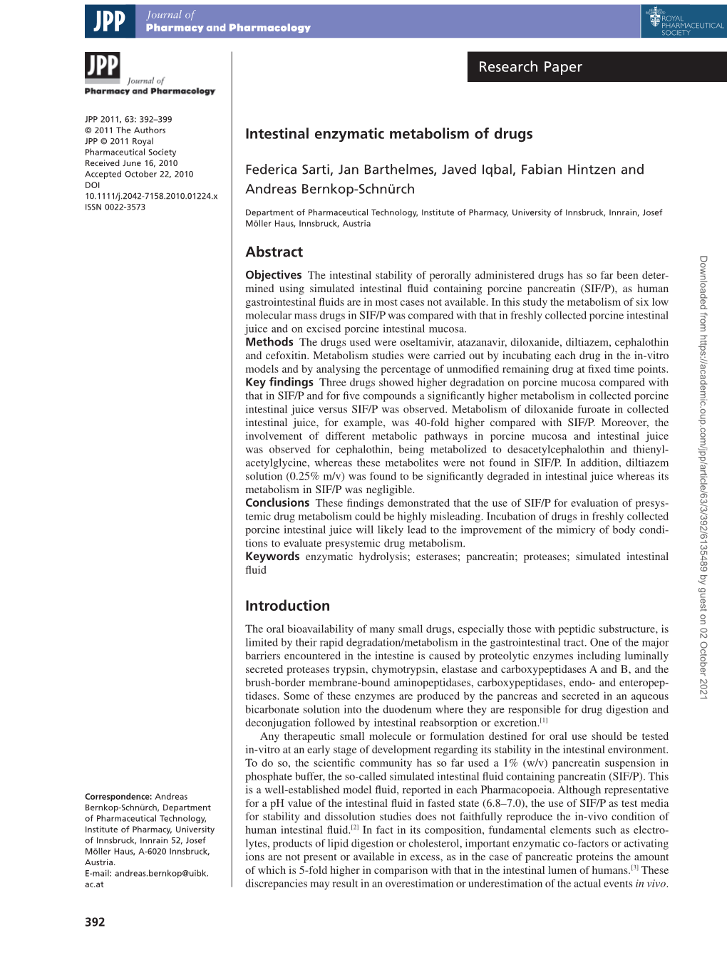 Intestinal Enzymatic Metabolism of Drugs