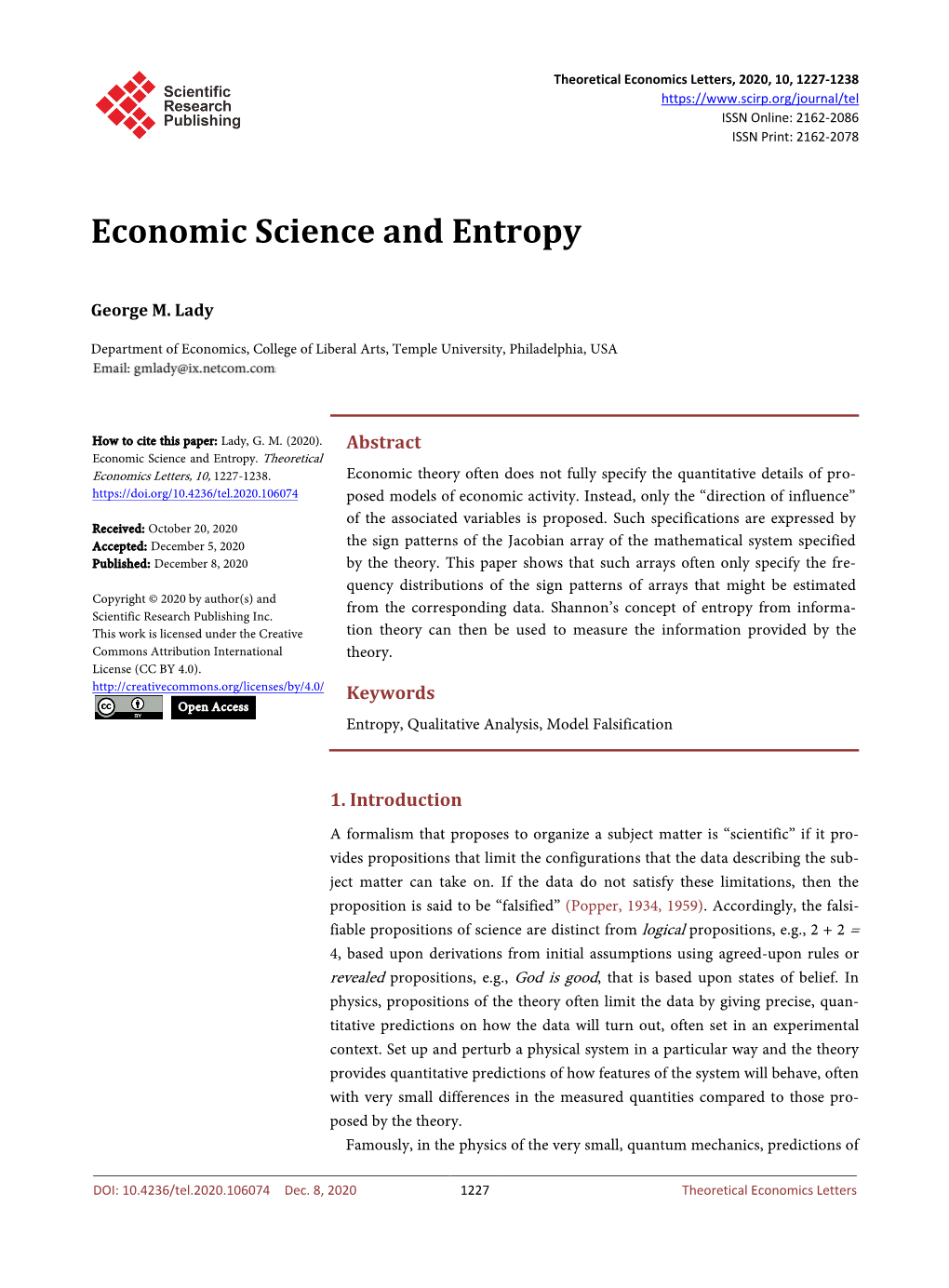 Economic Science and Entropy