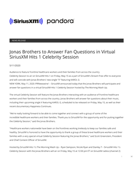 Jonas Brothers to Answer Fan Questions in Virtual Siriusxm Hits 1 Celebrity Session