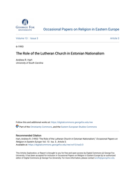 The Role of the Lutheran Church in Estonian Nationalism