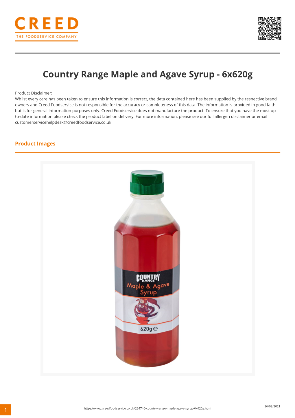 Country Range Maple and Agave Syrup - 6X620g