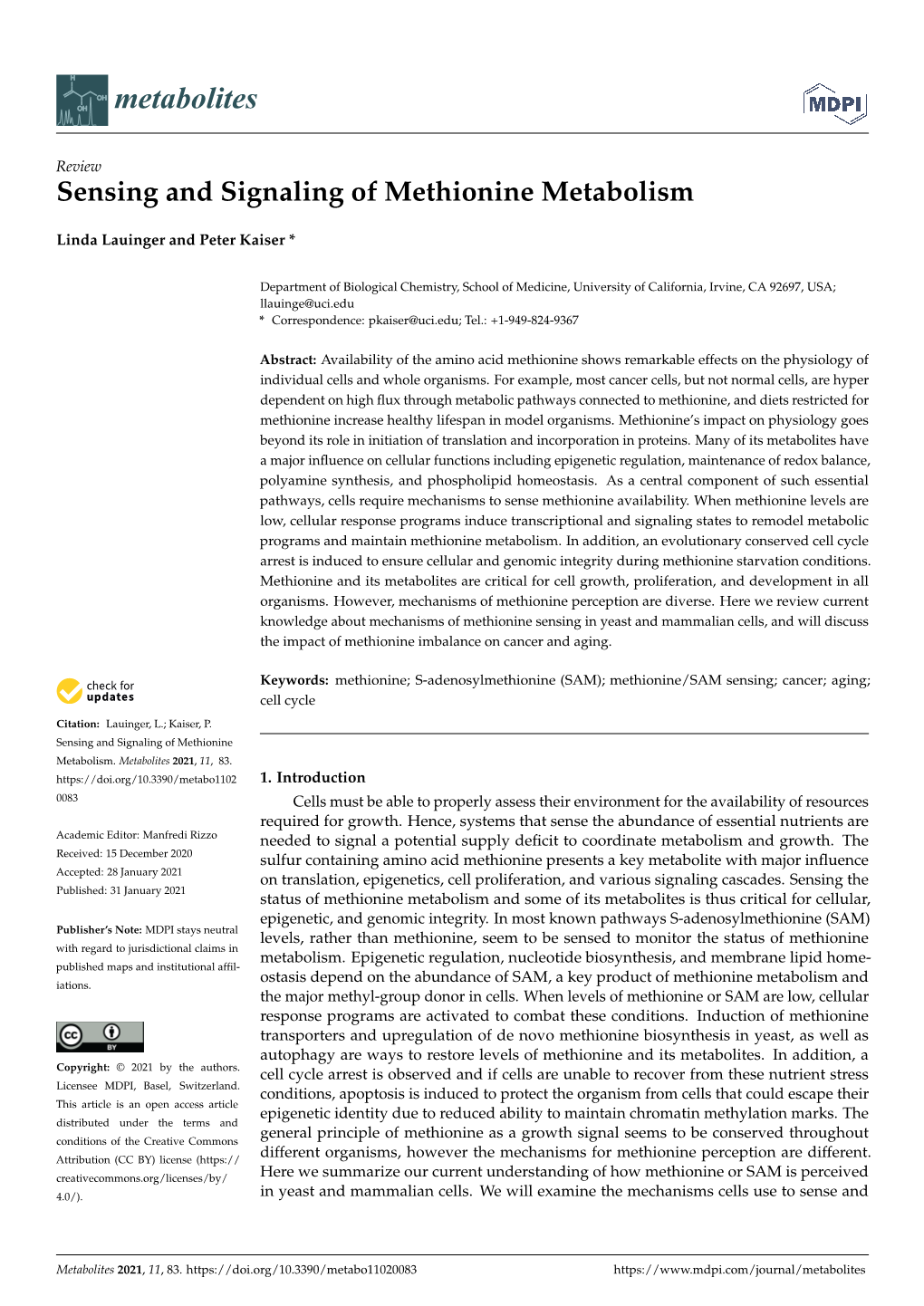 Sensing and Signaling of Methionine Metabolism