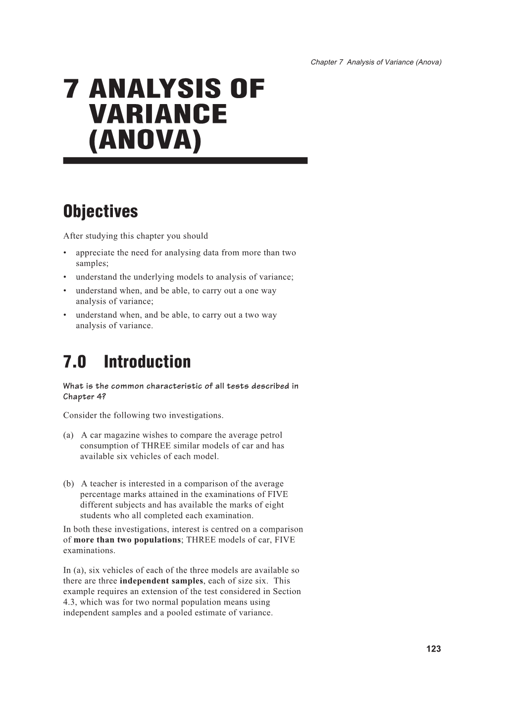 7 Analysis of Variance (Anova) 7 ANALYSIS of VARIANCE (ANOVA)