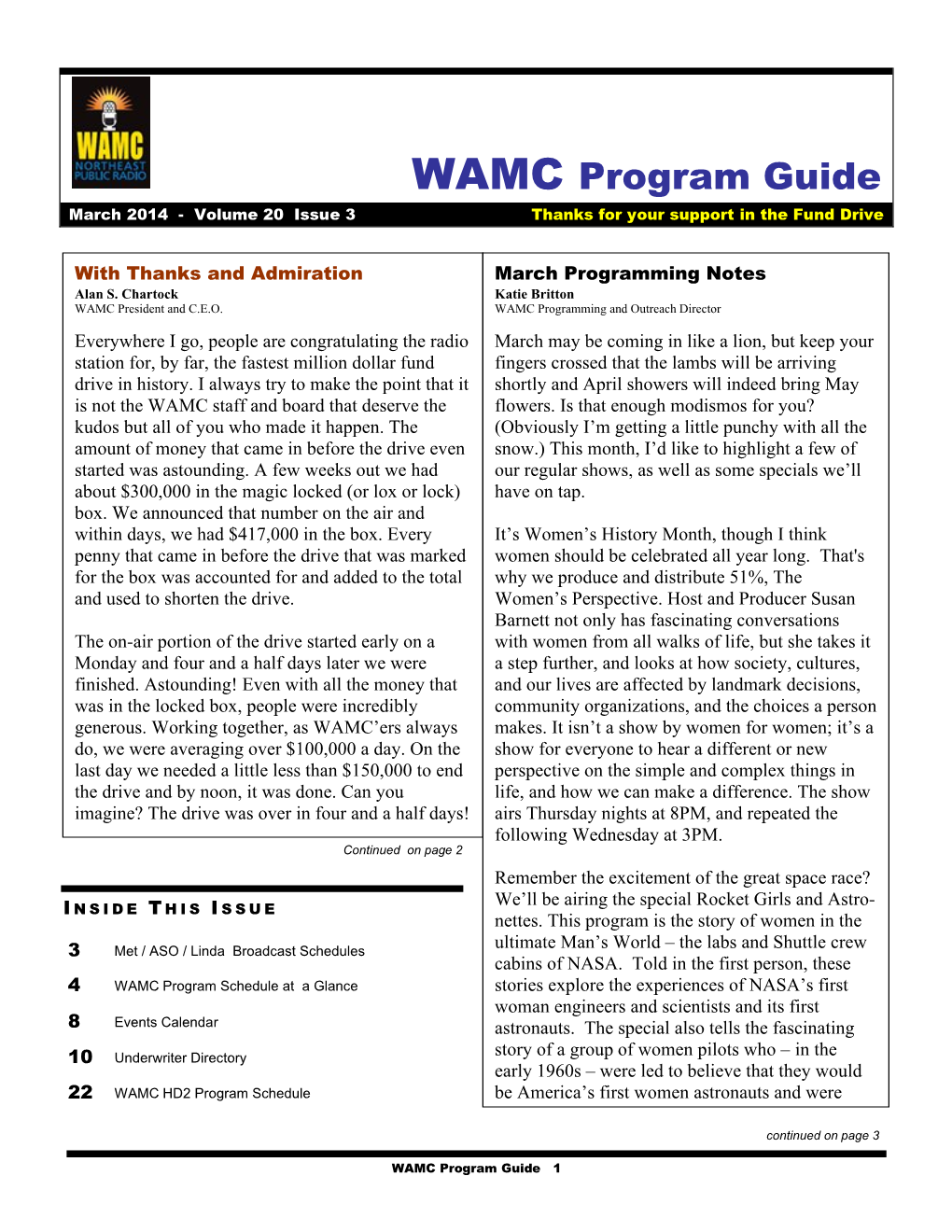 WAMC Program Guide March 2014 - Volume 20 Issue 3 Thanks for Your Support in the Fund Drive