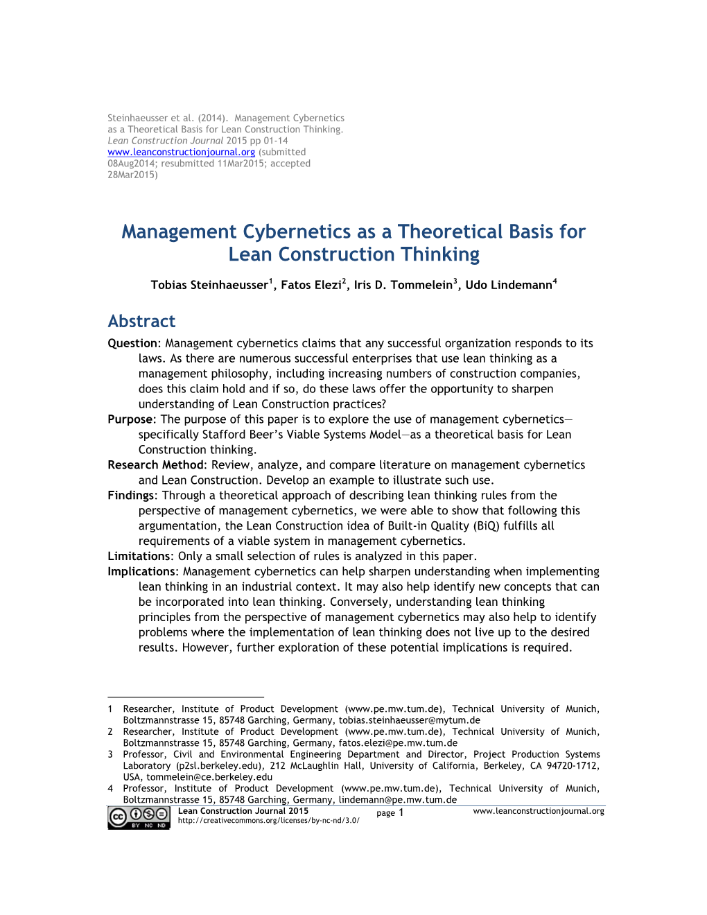 Management Cybernetics As a Theoretical Basis for Lean Construction Thinking