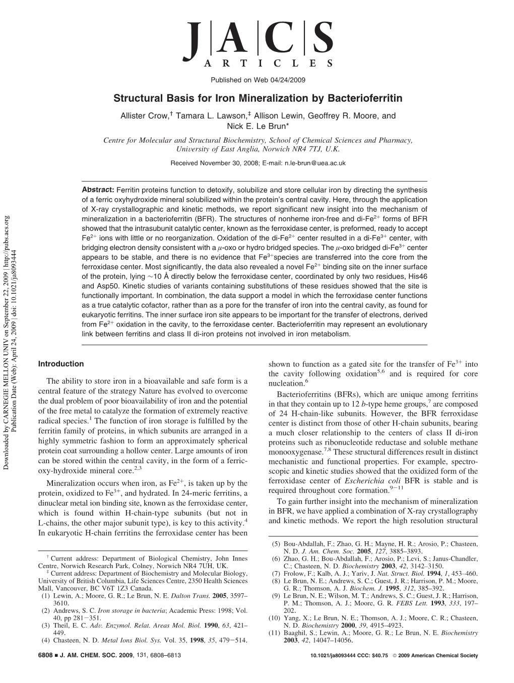 Structural Basis for Iron Mineralization by Bacterioferritin Allister Crow,† Tamara L