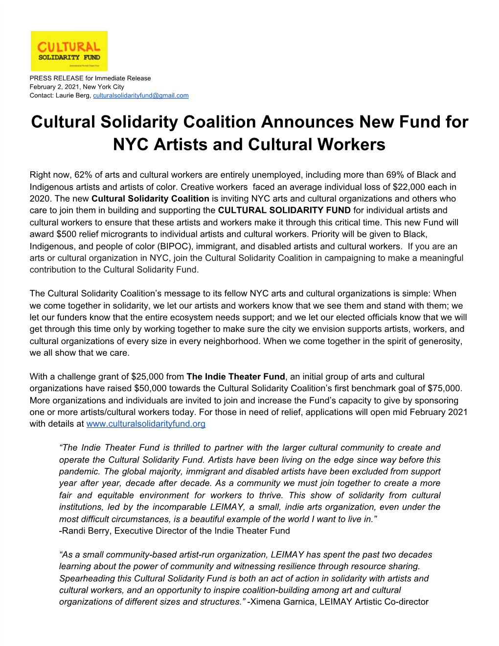 Cultural Solidarity Coalition Announces New Fund for NYC Artists and Cultural Workers