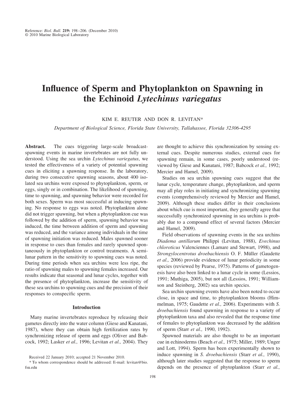 Influence of Sperm and Phytoplankton on Spawning in the Echinoid