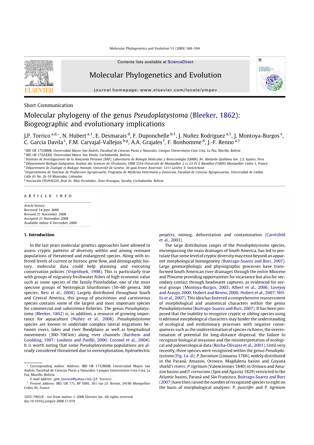 Molecular Phylogeny of the Genus Pseudoplatystoma (Bleeker, 1862): Biogeographic and Evolutionary Implications