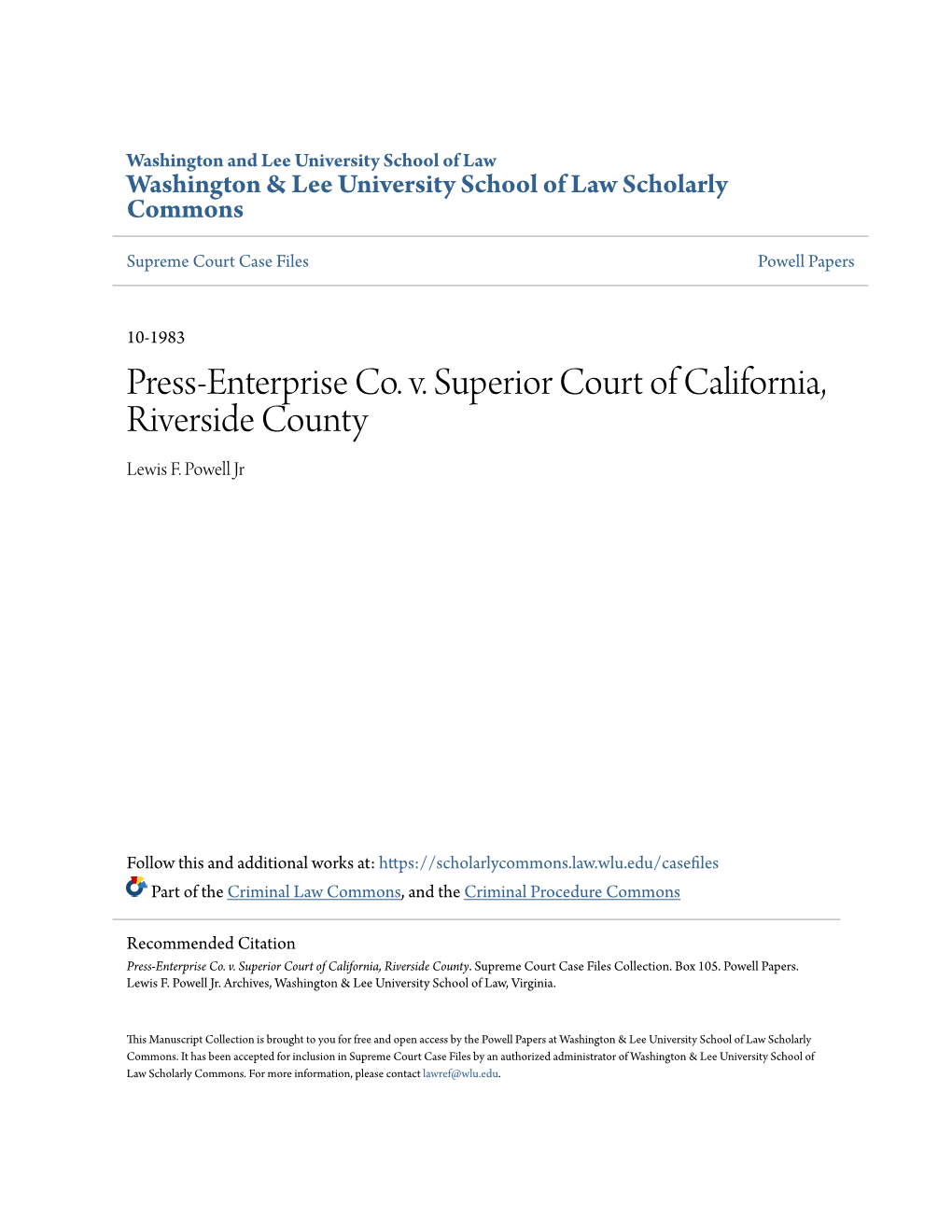 Press-Enterprise Co. V. Superior Court of California, Riverside County Lewis F