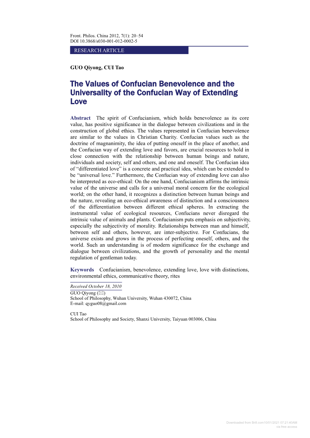 The Values of Confucian Benevolence and the Universality of the Confucian Way of Extending Love