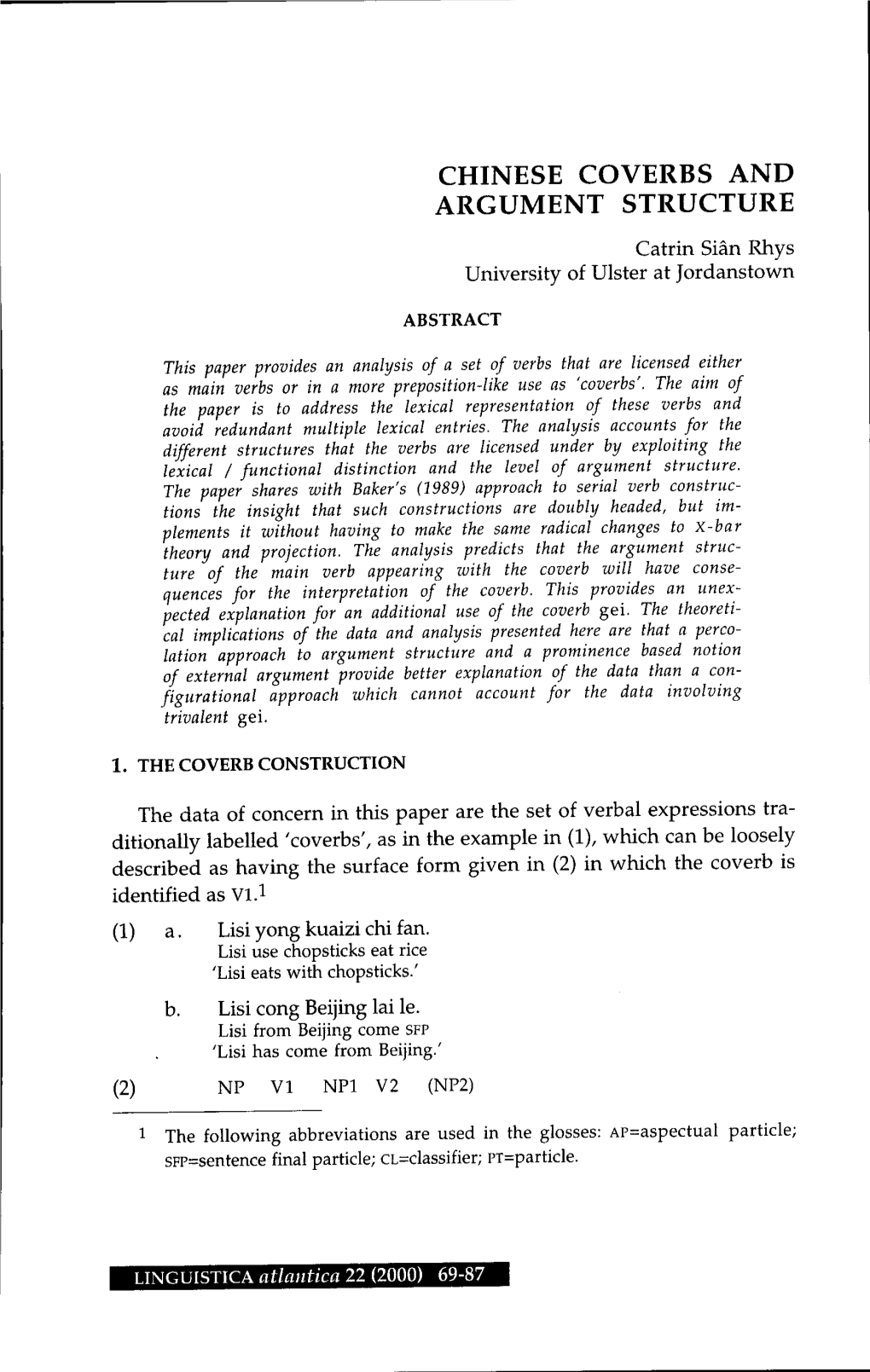 CHINESE COVERBS and ARGUMENT STRUCTURE Catrin Shinrhys University of Ulster at Jordanstown