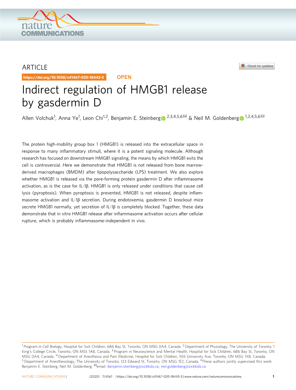 Indirect Regulation of HMGB1 Release by Gasdermin D ✉ ✉ Allen Volchuk1, Anna Ye1, Leon Chi1,2, Benjamin E