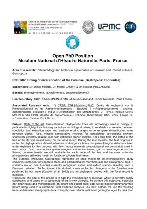 Open Phd Position Muséum National D'histoire Naturelle, Paris, France