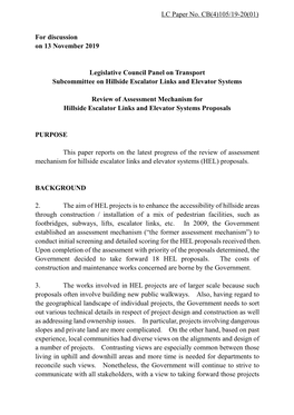 For Discussion on 13 November 2019 Legislative Council Panel on Transport Subcommittee on Hillside Escalator Links and Elevator