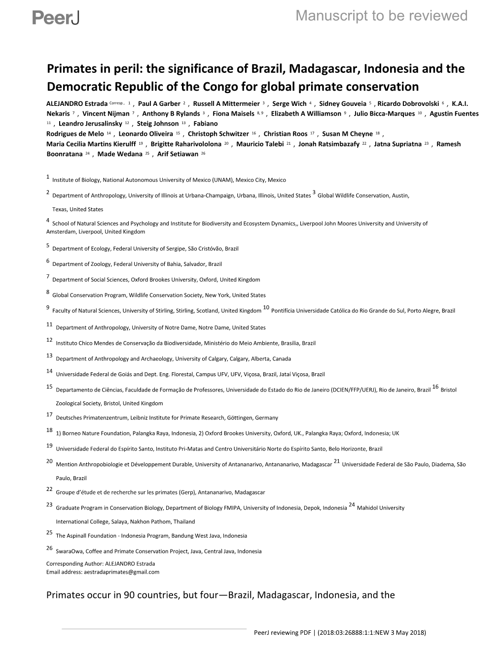 Primates in Peril: the Significance of Brazil, Madagascar, Indonesia and the Democratic Republic of the Congo for Global Primate Conservation