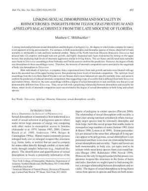 Linking Sexual Dimorphism and Sociality in Rhinoceroses: Insights from Teleoceras Proterum and Aphelops Malacorhinus from the Late Miocene of Florida
