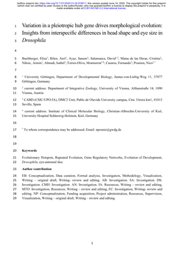 Variation in a Pleiotropic Hub Gene Drives Morphological Evolution: 2 Insights from Interspecific Differences in Head Shape and Eye Size in 3 Drosophila