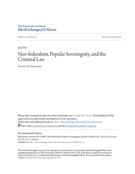 Neo-Federalism, Popular Sovereignity, and the Criminal Law Terrance M