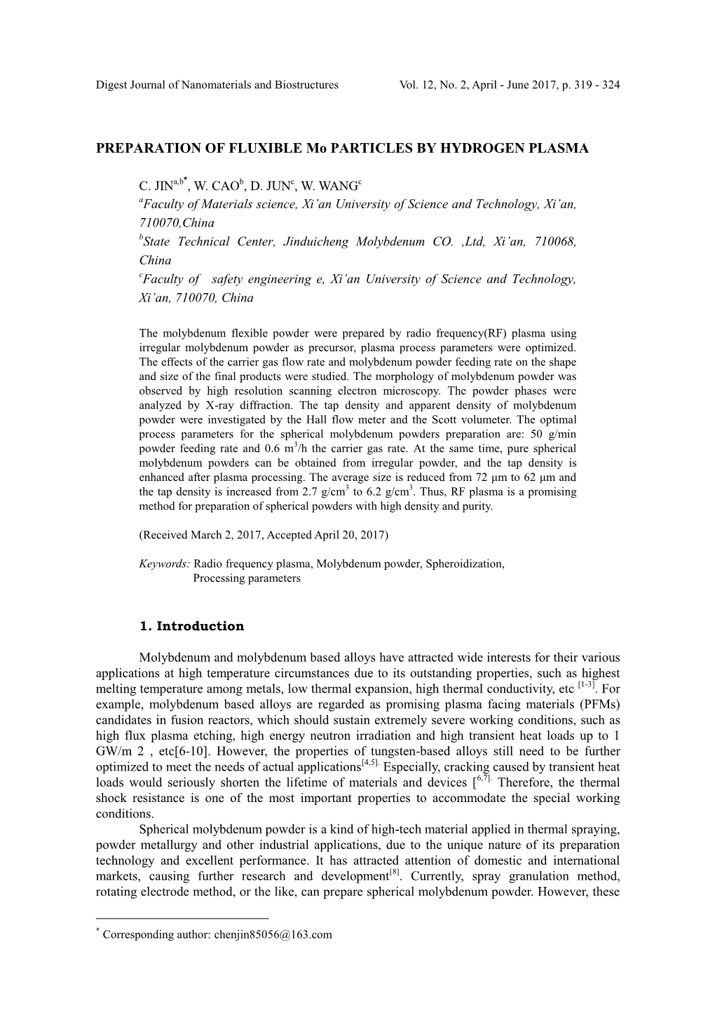 PREPARATION of FLUXIBLE Mo PARTICLES by HYDROGEN PLASMA