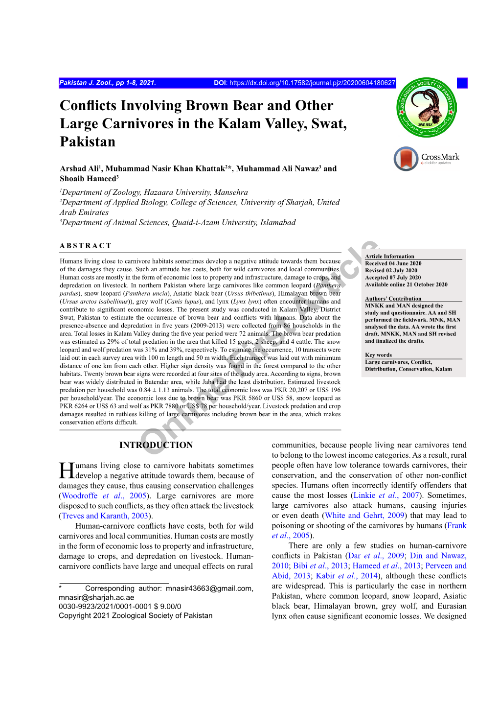 Conflicts Involving Brown Bear and Other Large Carnivores in the Kalam Valley, Swat, Pakistan