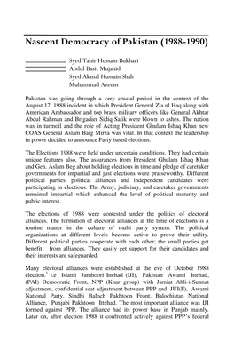 Nascent Democracy of Pakistan (1988-1990)