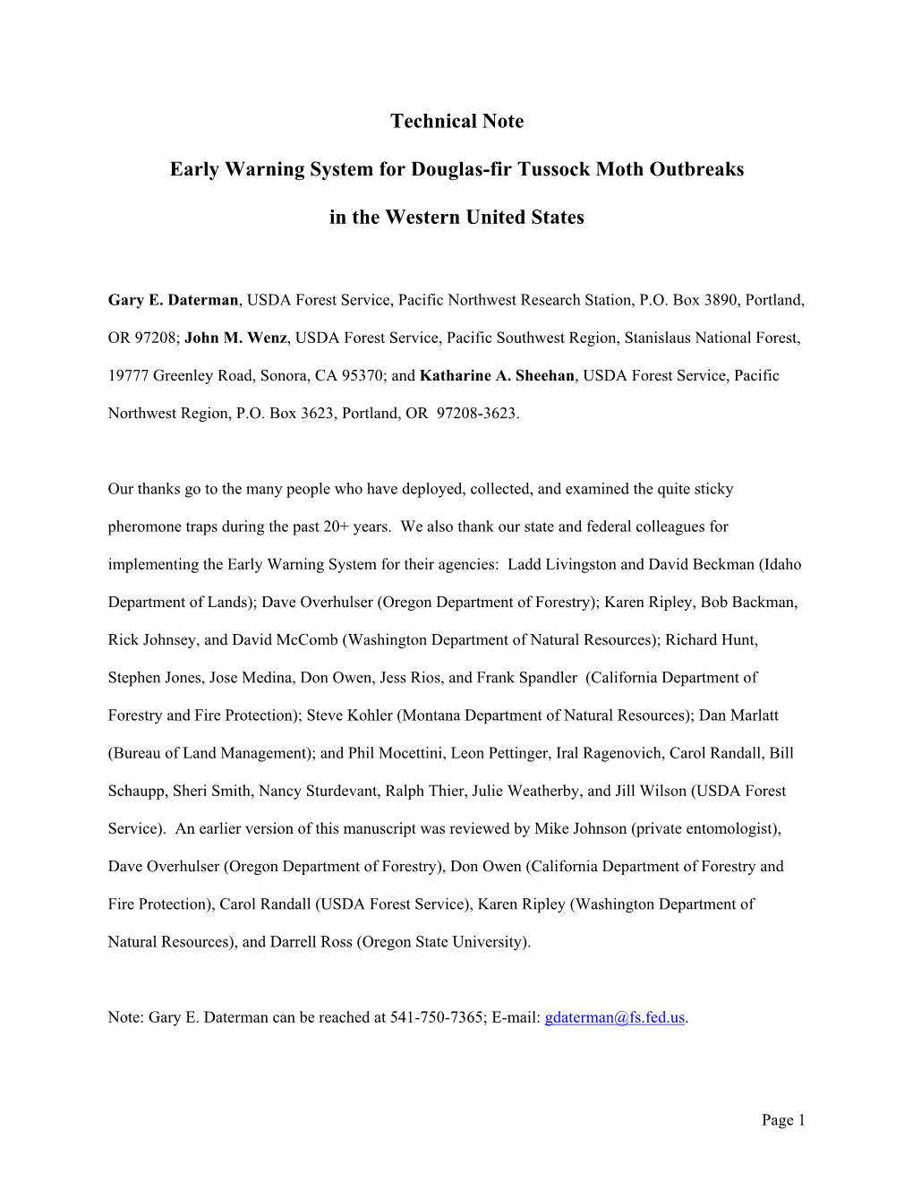 Technical Note Early Warning System for Douglas-Fir Tussock Moth