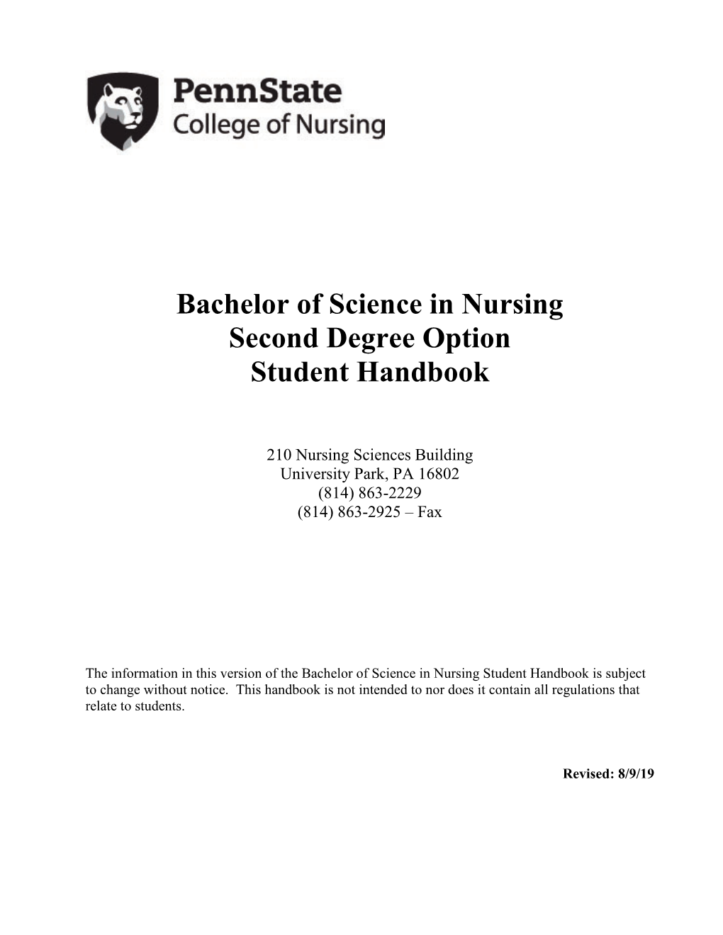 Bachelor of Science in Nursing Second Degree Option Student Handbook