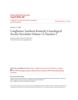 Longhunter, Southern Kentucky Genealogical Society Newsletter Volume 13, Number 2 Kentucky Library Research Collections Western Kentucky University, Spcol@Wku.Edu