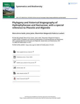 Phylogeny and Historical Biogeography of Hydrophyllaceae and Namaceae, with a Special Reference to Phacelia and Wigandia