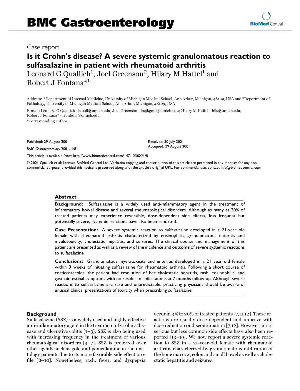 View of the Incidence and Outcome of Severe Systemic Reactions to Sulfasalazine