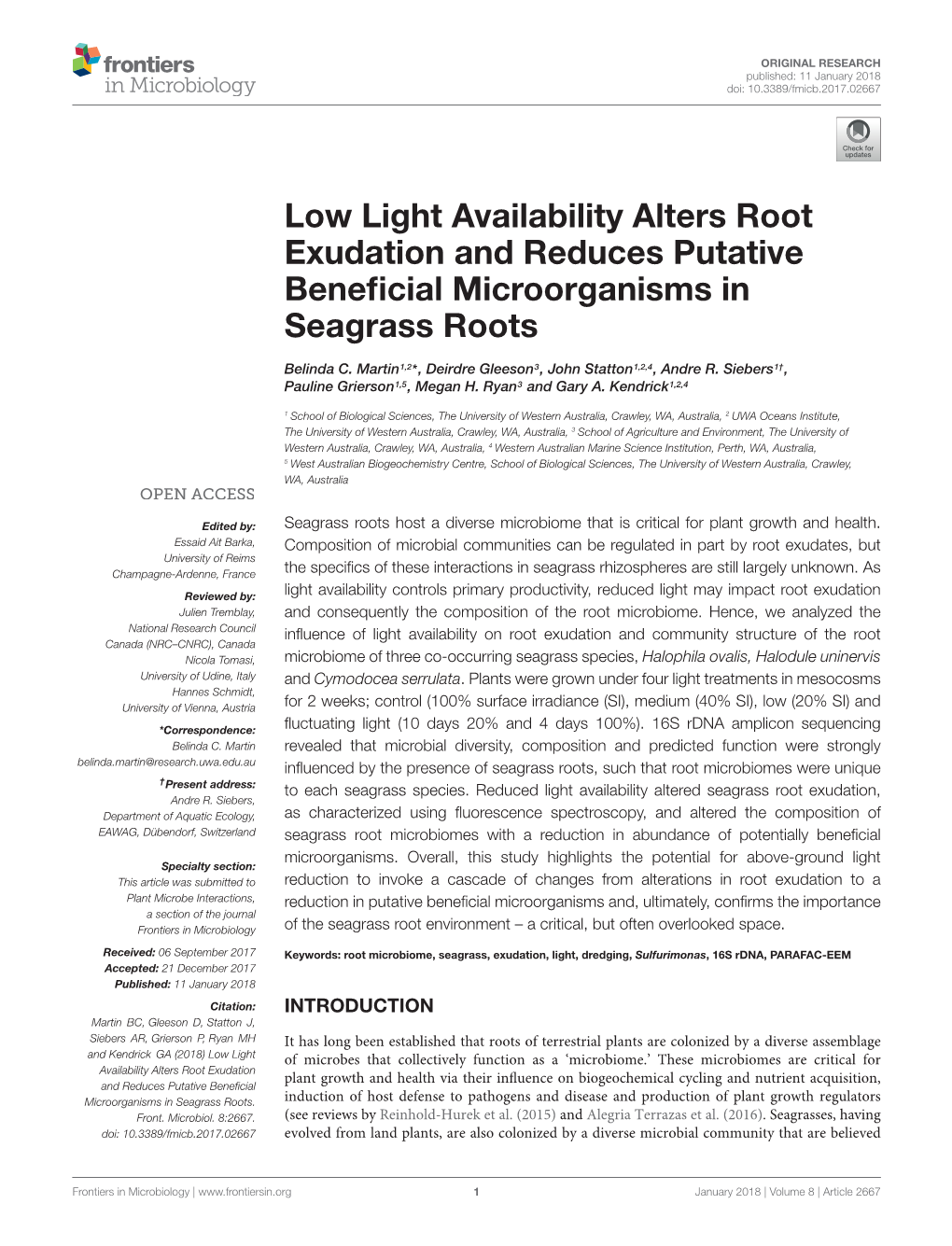 Low Light Availability Alters Root Exudation and Reduces Putative Beneﬁcial Microorganisms in Seagrass Roots