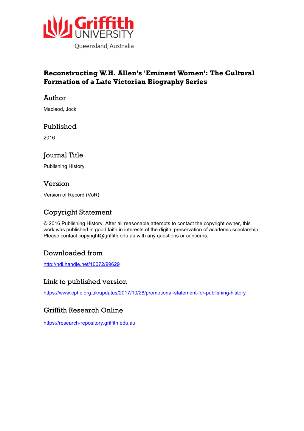 Reconstructing W. H. Allen's 'Eminent Women': The