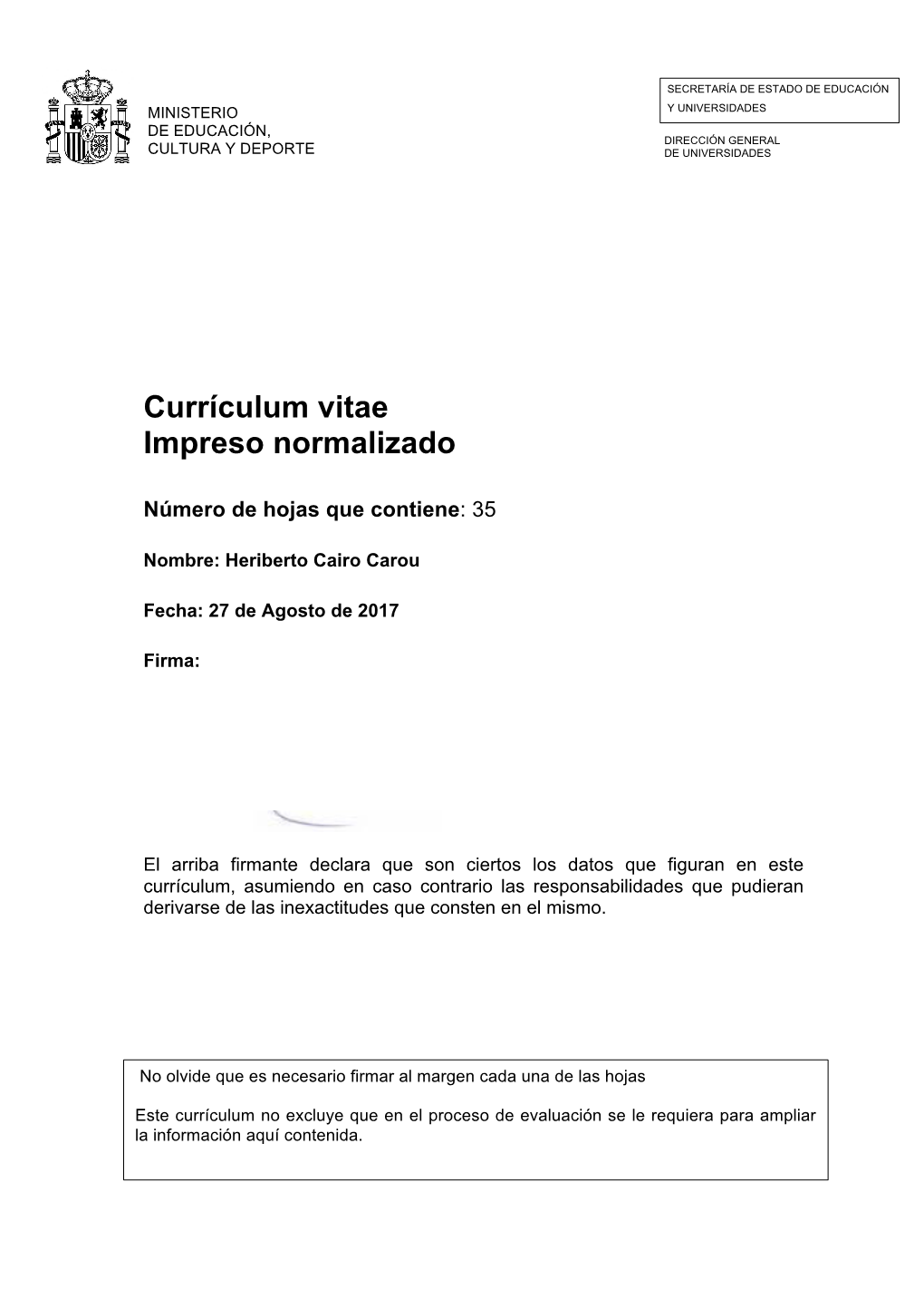 Currículum Vitae Impreso Normalizado
